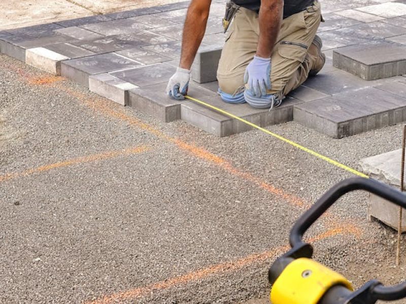 A person is installing paving stones on a prepared base, kneeling on the completed section, with a tape measure extended across the work area for precision.