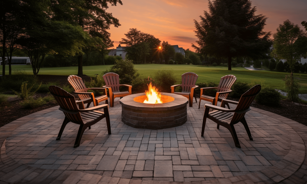 nice backyard patio with circular brick fire pit