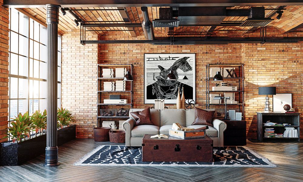 Loft living room with brick walls, industrial decor, large windows, beige sofa, artwork, and plants. Stylish interior design.