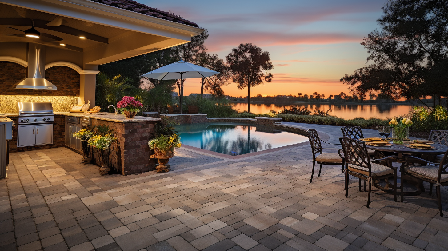 Luxurious outdoor patio with pool and kitchen, overlooking a serene sunset by the lake. Ideal for summer relaxation.