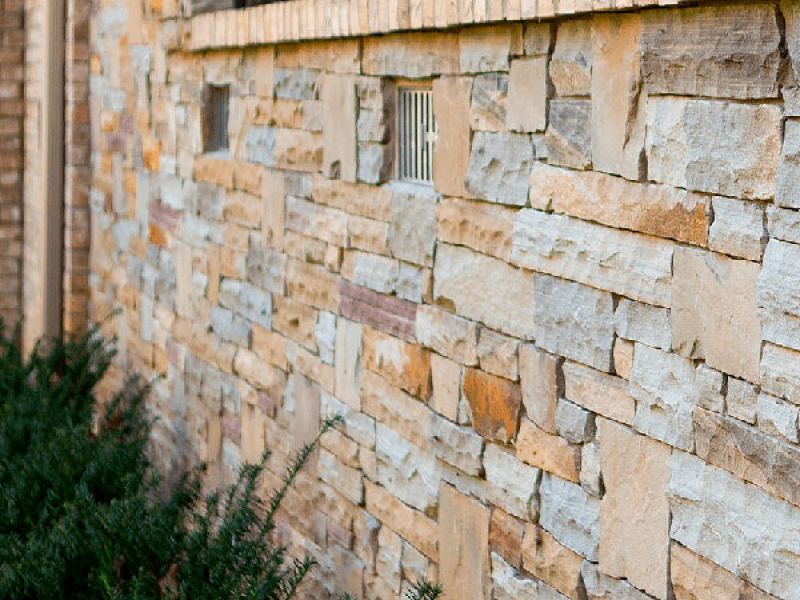 Close-up of a beige stone wall with rectangular stones and a small vent. Green shrubs grow at the base, adding a touch of natural texture to the scene.