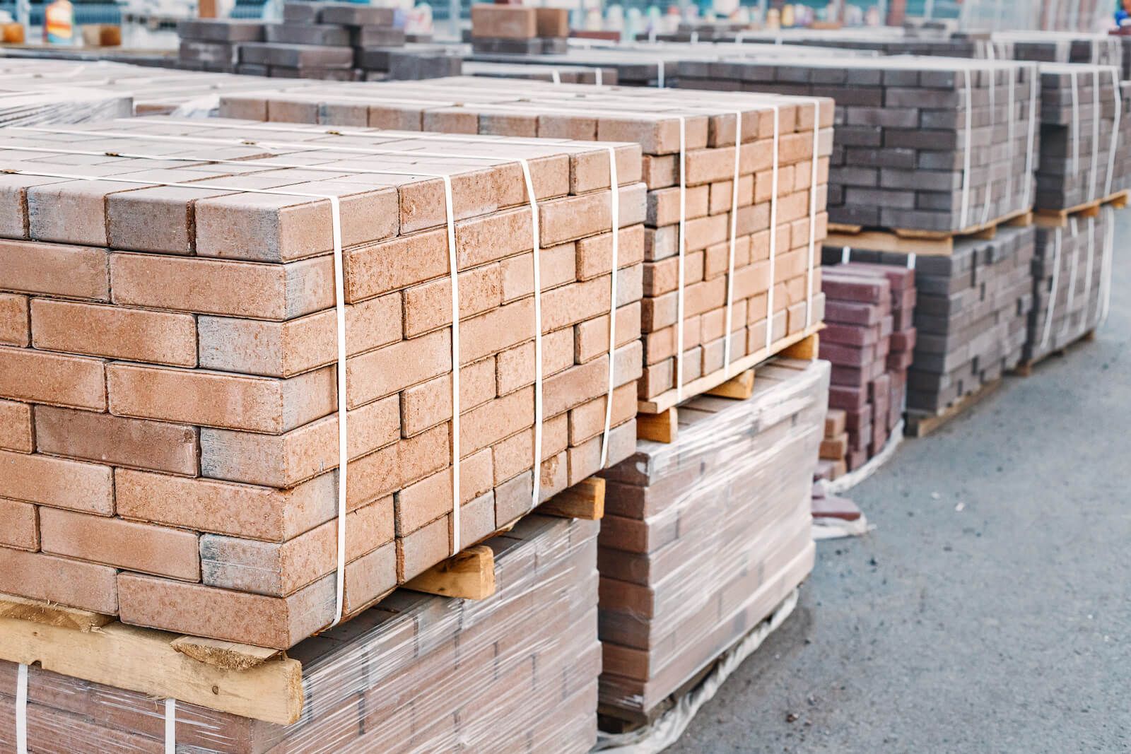 pallets of bricks in a construction warehouse