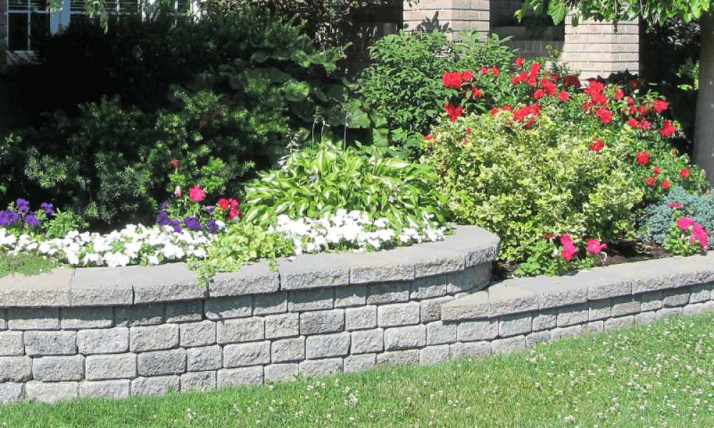 garden bed retaining wall with flowers and green grass in image