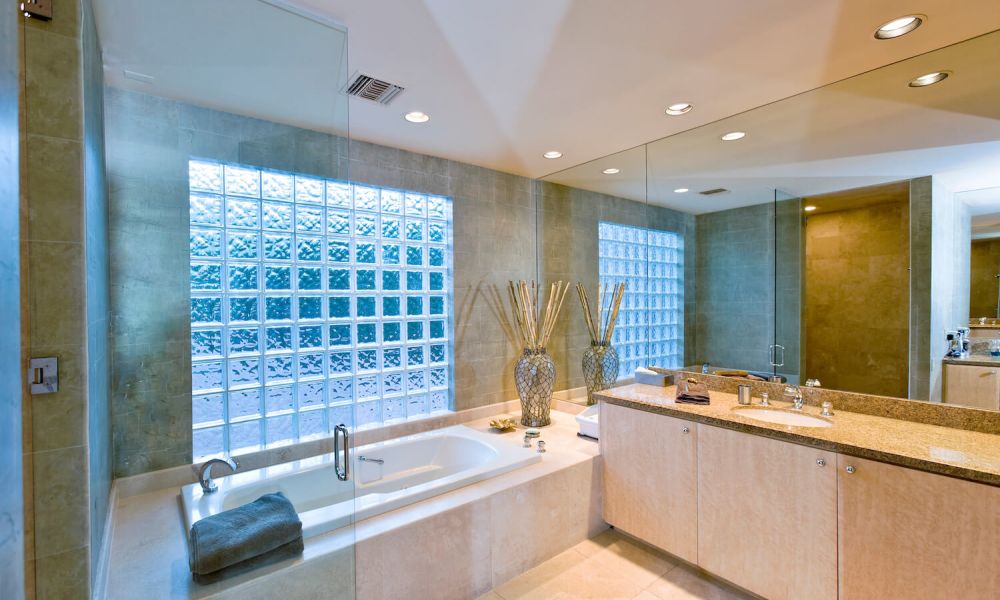 bathroom with glass block windows