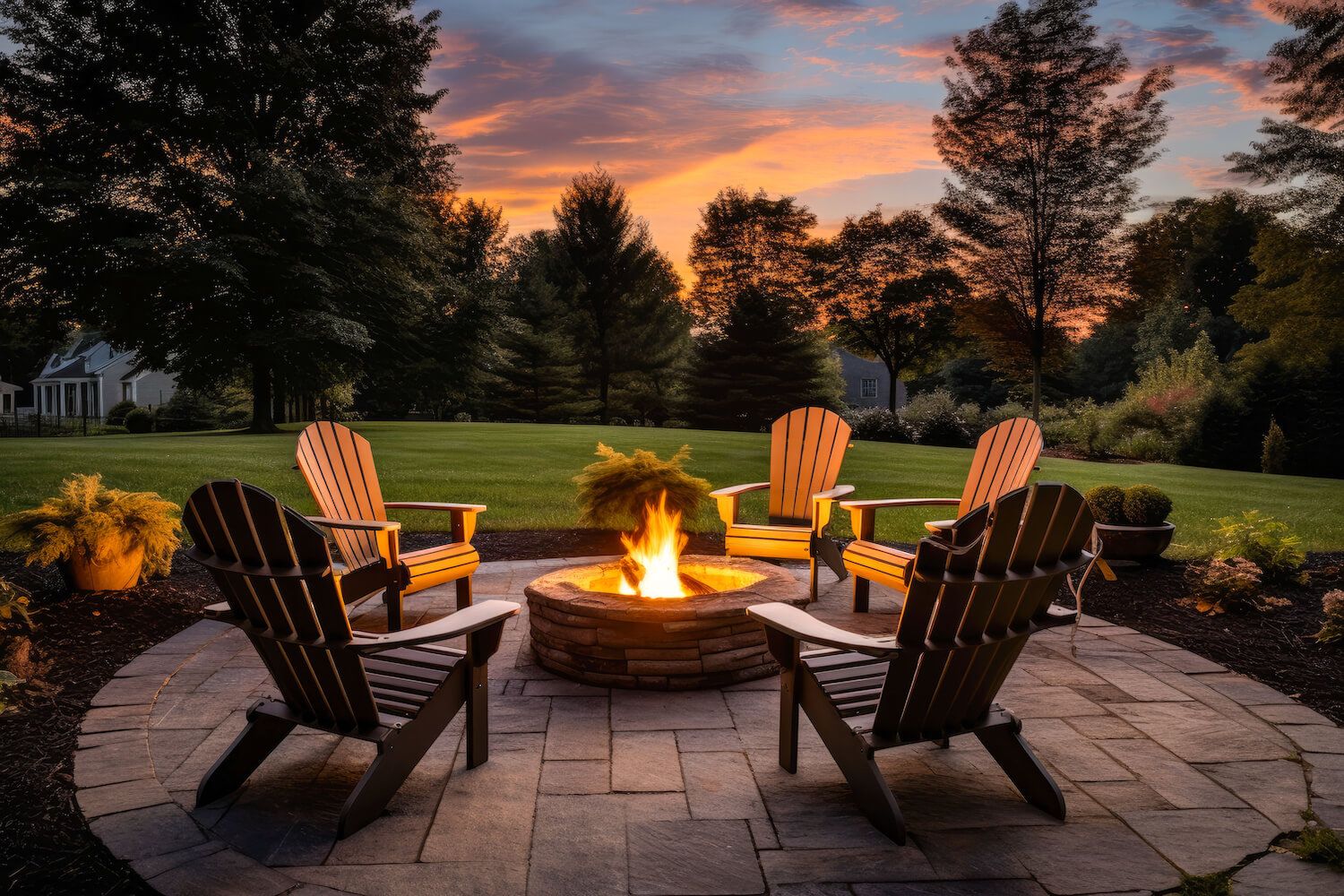 Outdoor fire pit in the backyard, with lawn chairs seating