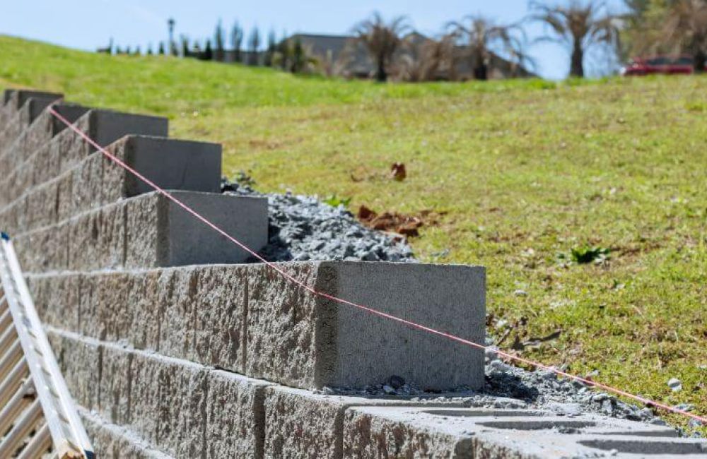 Concrete blocks form a retaining wall under construction, supported by a guiding string. They are set against a sloping grassy hill with trees visible in the background.