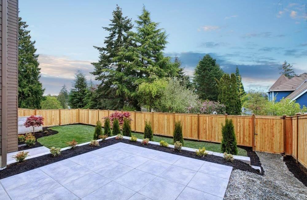 Small backyard landscaping with wooden fence and plants