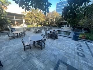 A spacious outdoor patio with several empty tables and chairs surrounded by trees and greenery. A person sits at a table working on a laptop. A building is visible in the background under a clear blue sky.