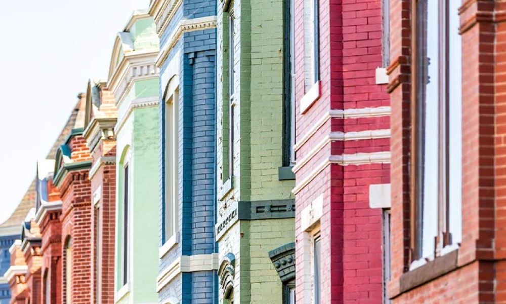multi colored brick houses in a row