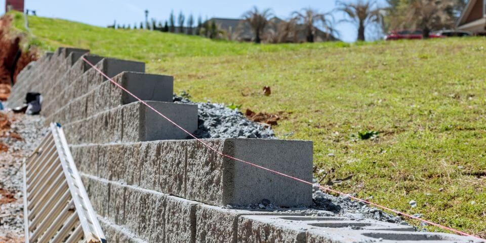 Concrete blocks form a retaining wall under construction, supported by a guiding string. They are set against a sloping grassy hill with trees visible in the background.