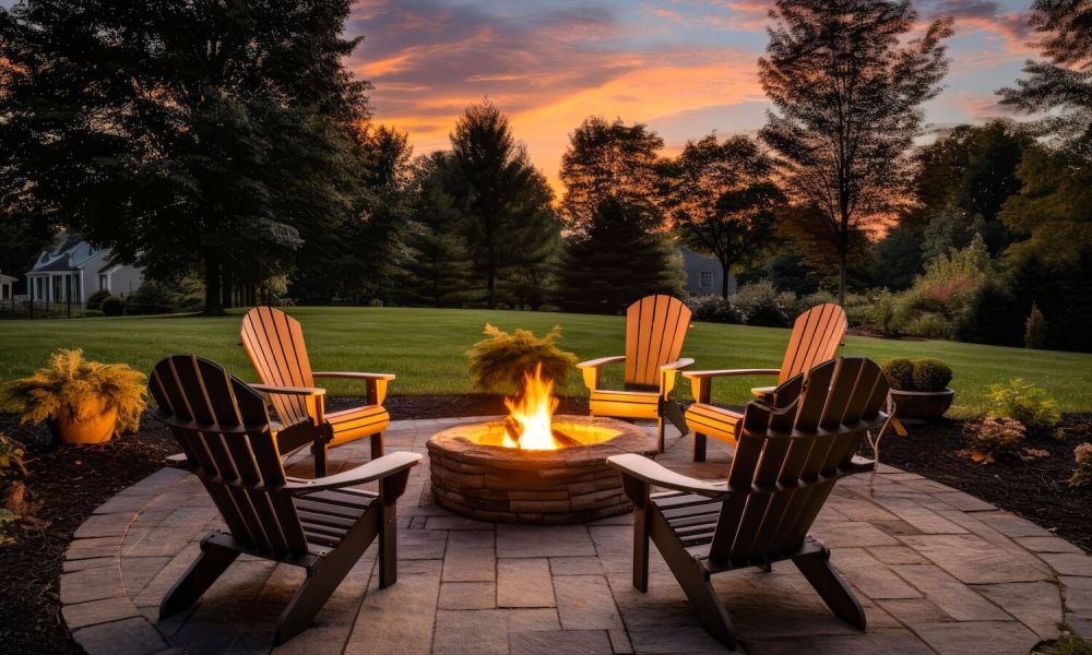 Outdoor fire pit in the backyard, with lawn chairs seating