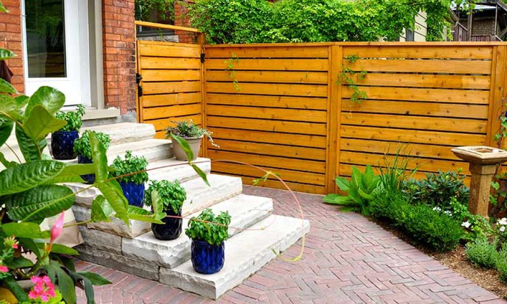 Cozy backyard patio with stone steps, potted plants, wooden fence, and lush greenery for a serene outdoor retreat.