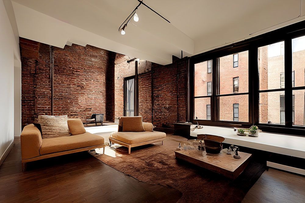 Modern loft with brick walls, large windows, cozy beige sofas, and a wooden coffee table.