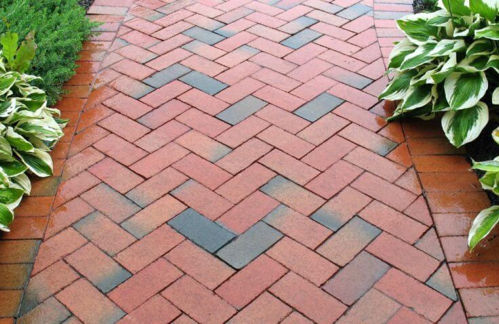 A patterned brick walkway lies between vibrant green foliage on either side, suggesting a well-maintained garden or park path.