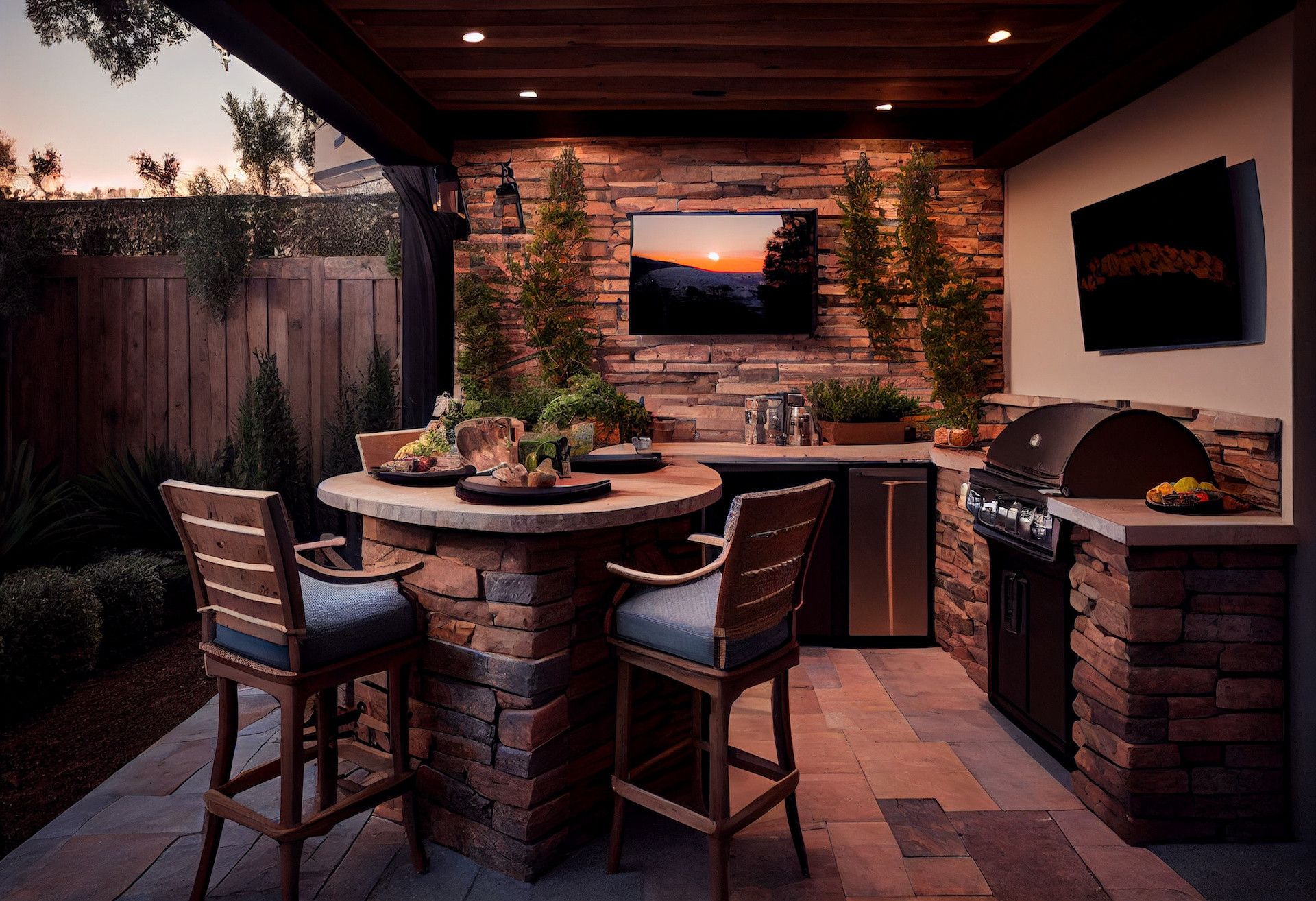 Relaxation area. Villa backyard. Patio with chairs, table, and a fireplace and BBQ area for grill party.