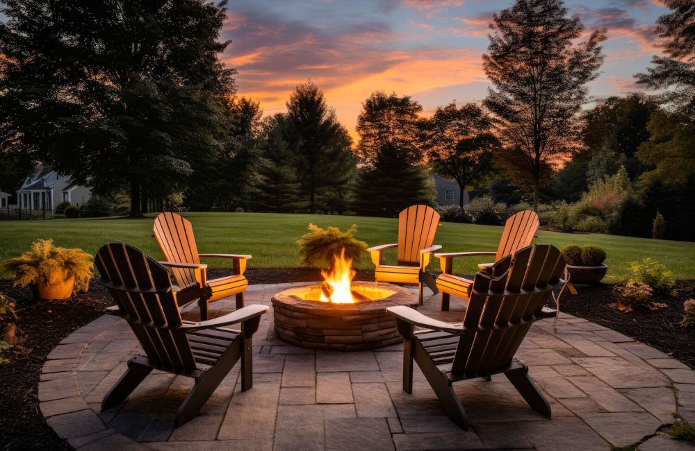 Outdoor fire pit in the backyard, with lawn chairs seating