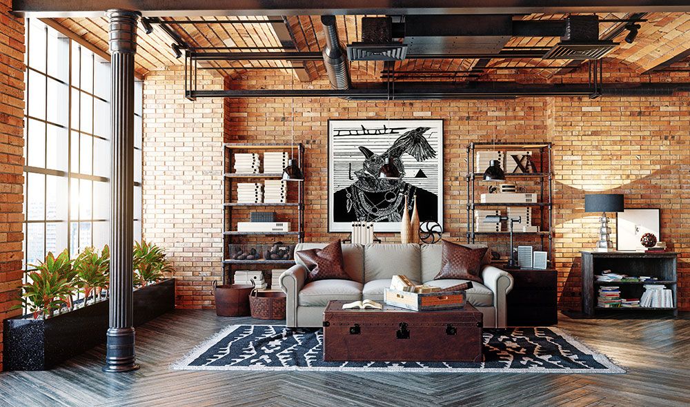Loft living room with brick walls, industrial decor, large windows, beige sofa, artwork, and plants. Stylish interior design.