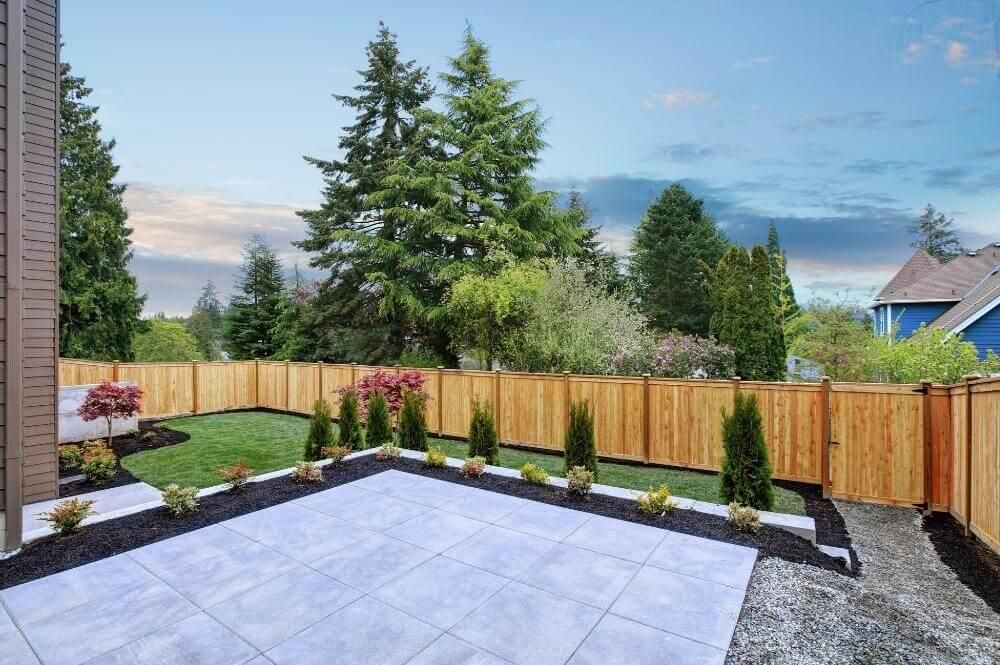 Small backyard landscaping with wooden fence and plants