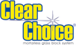 Clear Choice logo with tagline 'mortarless glass block system' featuring a star design between text elements.