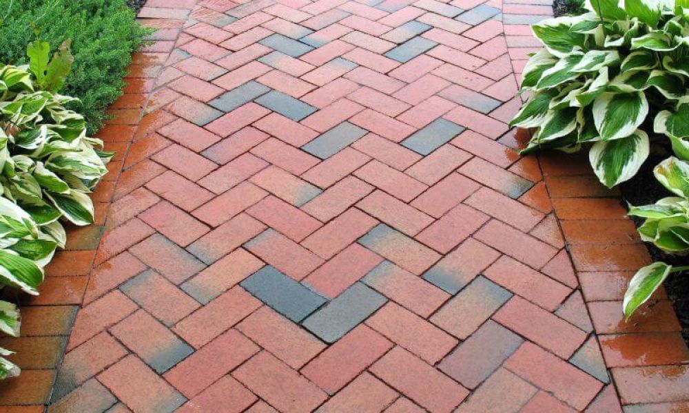 A patterned brick walkway lies between vibrant green foliage on either side, suggesting a well-maintained garden or park path.