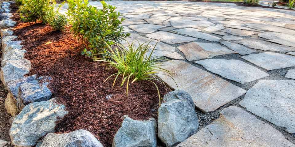 Stone pathway with bordering plants and rocks in a landscaped garden.