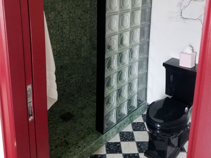A bathroom with red door frames, featuring a black toilet and black and white checkered floor tiles. The shower area has dark green tiled walls and a glass block partition.