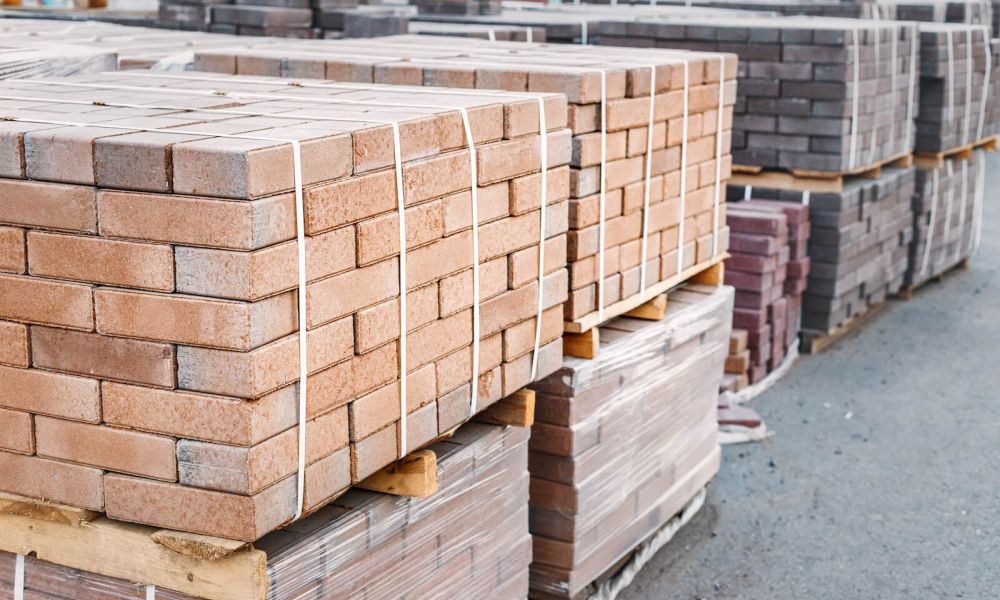 pallets of bricks in a construction warehouse
