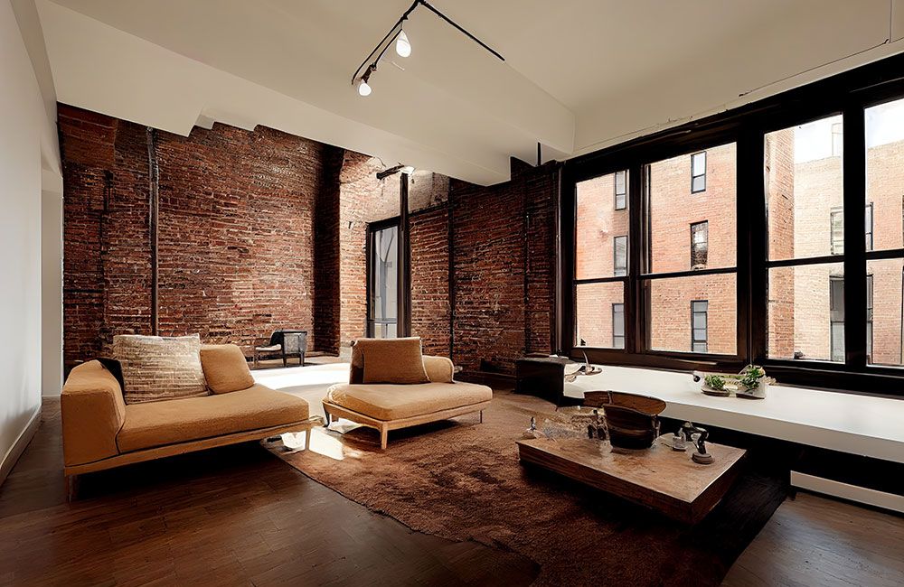 Modern loft with brick walls, large windows, cozy beige sofas, and a wooden coffee table.