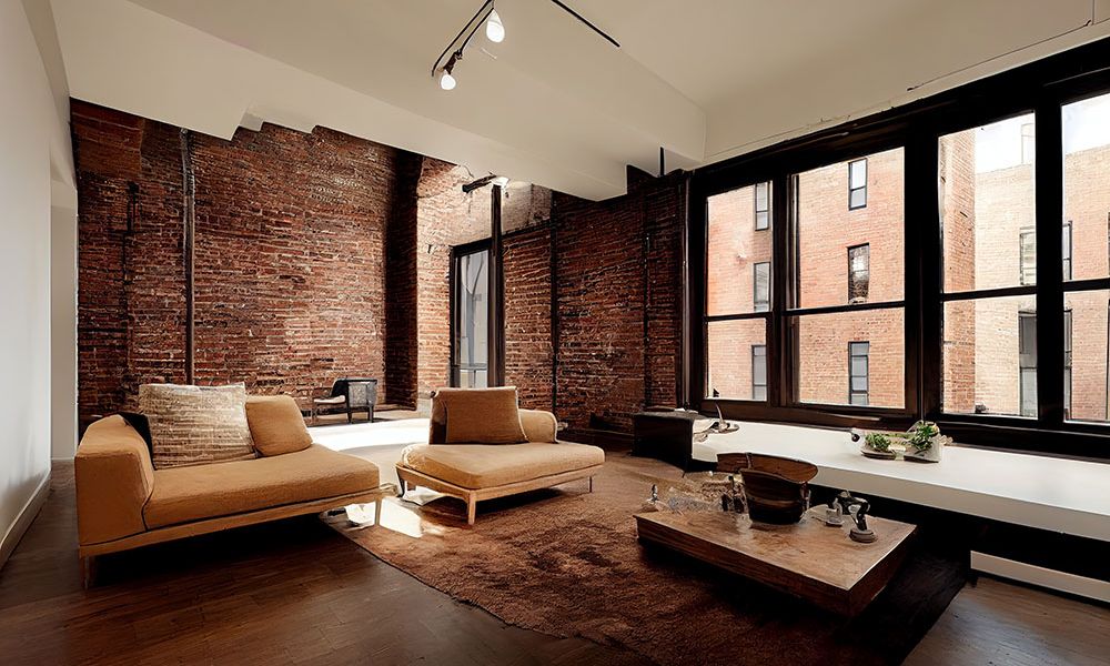 Modern loft with brick walls, large windows, cozy beige sofas, and a wooden coffee table.