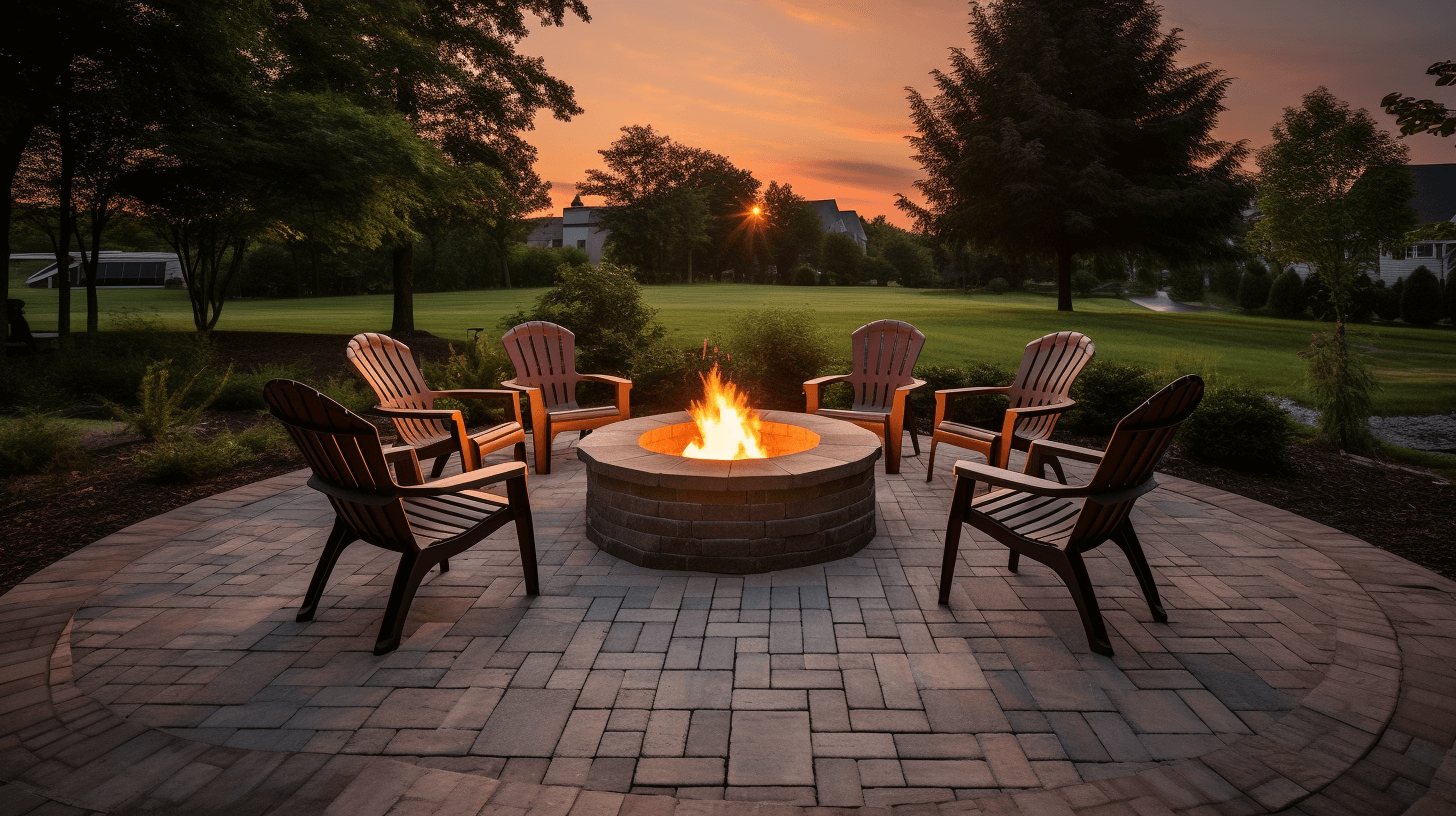 nice backyard patio with circular brick fire pit