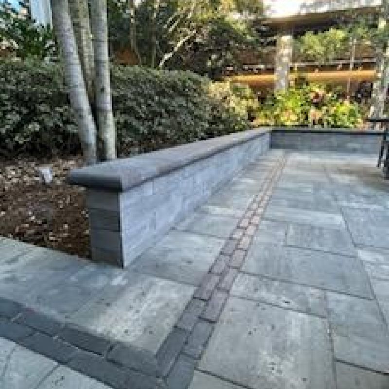 A stone pathway leads to a low retaining wall surrounded by trees and bushes. The area is shaded, and a building is visible in the background.