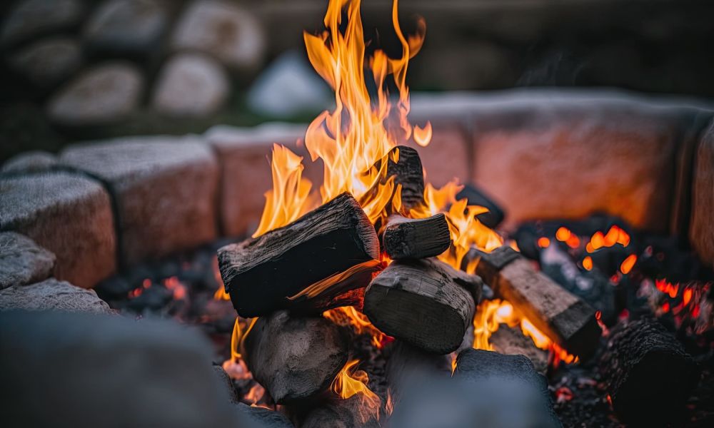 blazing fire in a brick fire pit