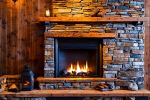 Cozy stone fireplace with lit candles and wooden accents, creating a warm, inviting atmosphere in a rustic room.